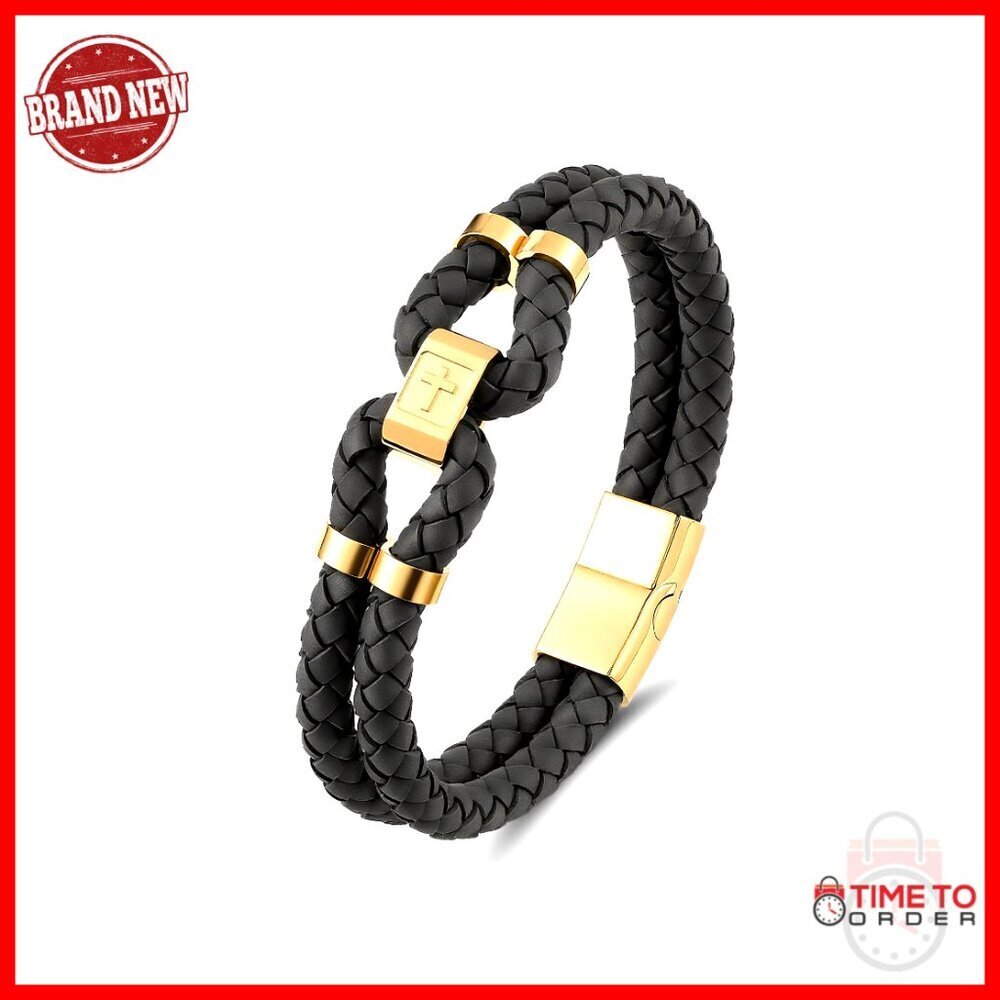 Men's Leather Cross Bracelet Stainless Steel Buckle Braided Cuff